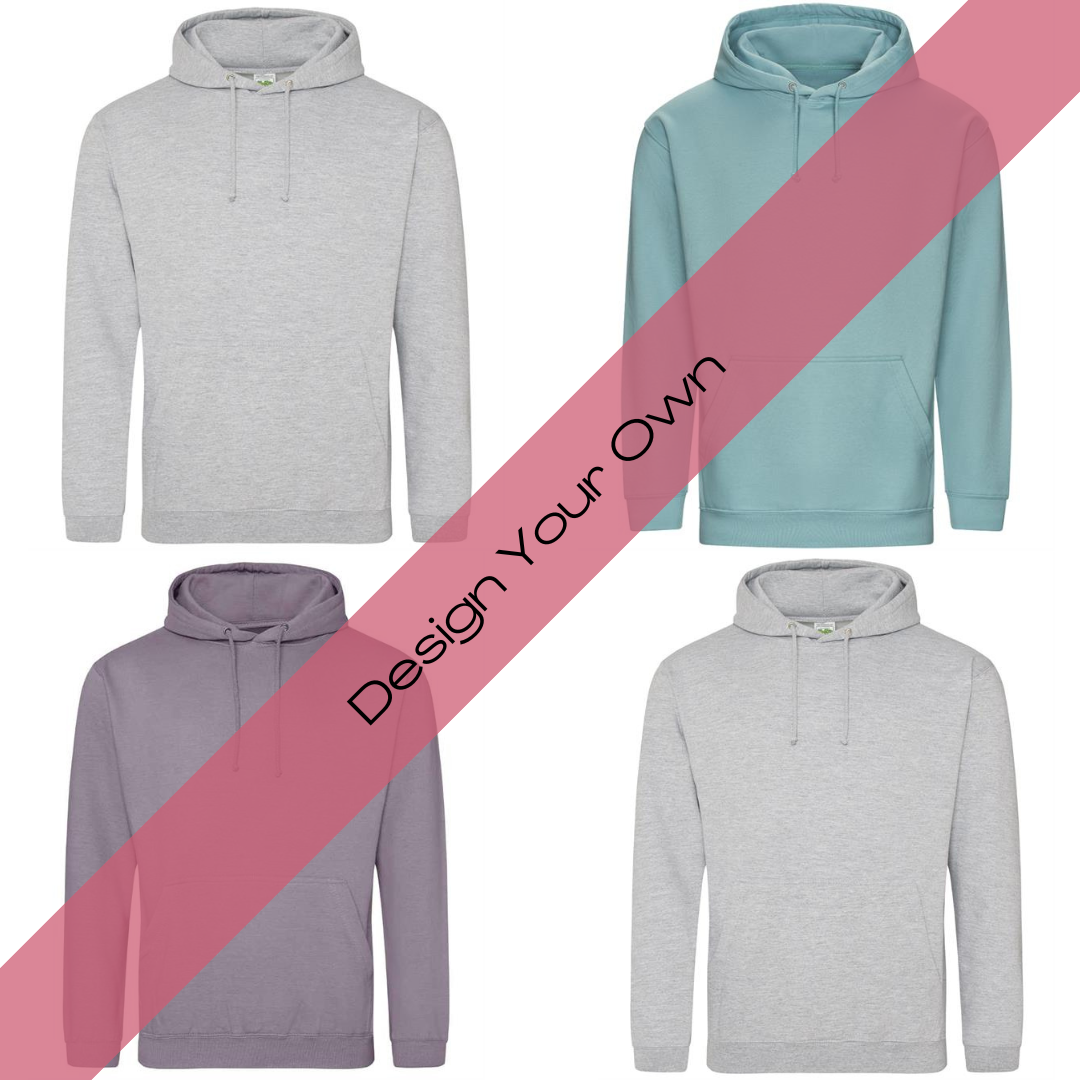 Choice of hoodie colours - Dusty Lilac, Heather Grey, Sea Foam.  Cotton blend, kangaroo pocket and ribbed cuffs and hem.