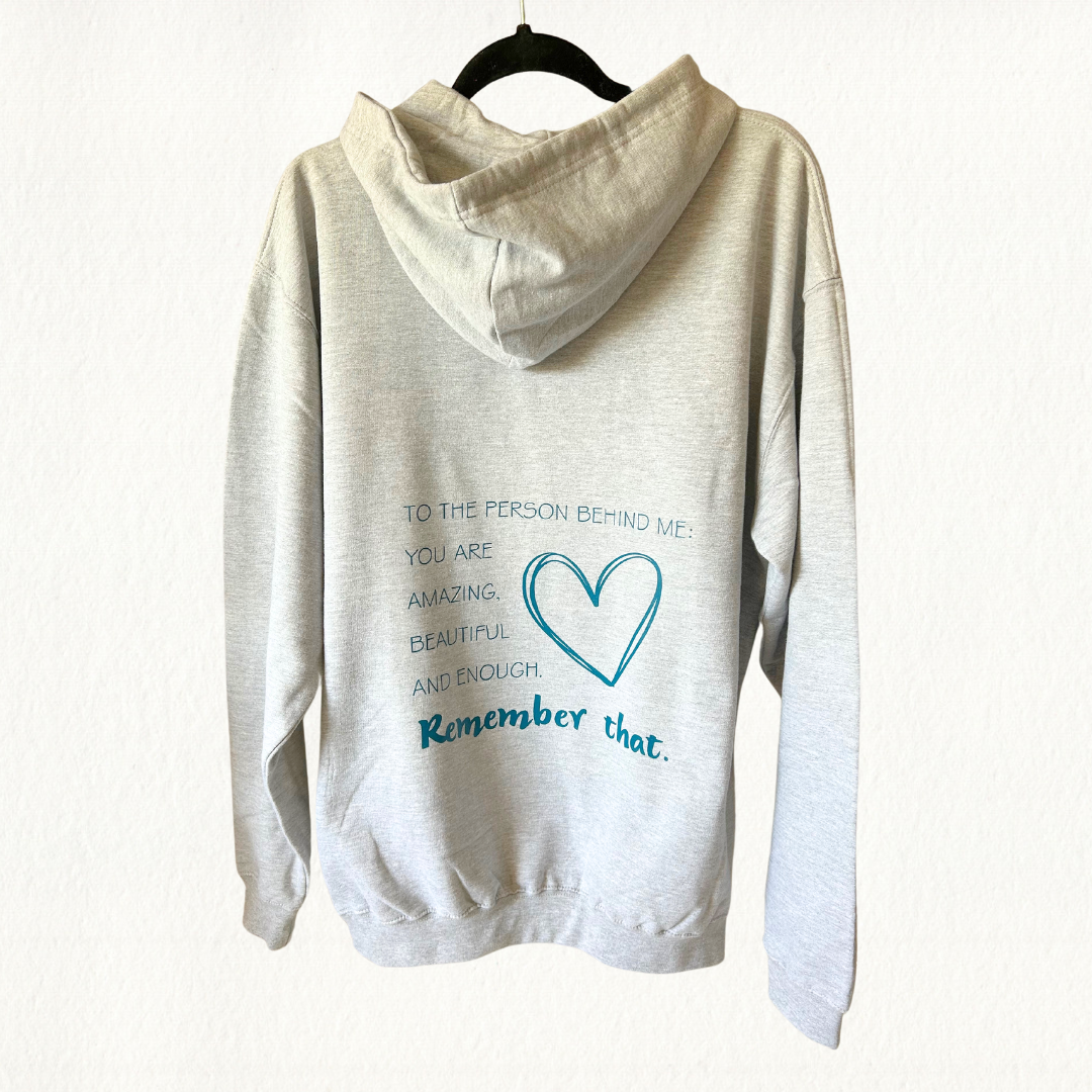 Heather grey hoodie with teal writing on back with heart detail